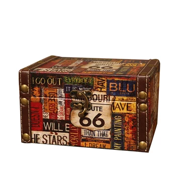  Винтажный декоративный чемодан для хранения Маленькая деревянная коробка в стиле ретро Шкатулка Замок Настольная коробка для хранения Отделка Muhe Шкатулка для ювелирных изделий 66 Road