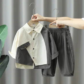 Модные повседневные комплекты одежды для мальчиков Детская рубашка из грубой ткани + брюки 2 шт. Комплекты Весна Осень Подросток Крутая Одежда 2-10Y