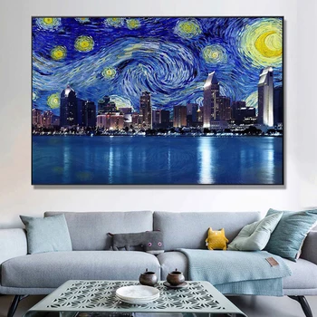 Плакаты абстрактного искусства Звездное небо Ван Гога и огни Нью-Йорка Творчество Холст Настенные картины для гостиной Домашний декор