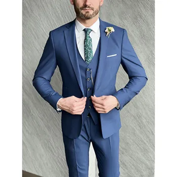  Зубчатый лацкан Модные свадебные мужские костюмы Однобортный синий Slim Fit Business Office Куртка из трех частей Брюки Жилет Hombres 2023