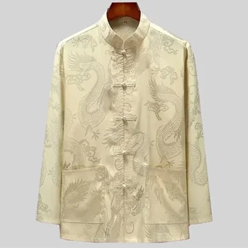 2024 Летний китайский стиль Дракон Узор Тан Костюм Кунг-Фу Тайцзицюань Традиционные винтажные топы Рубашка Одежда для пожилых мужчин