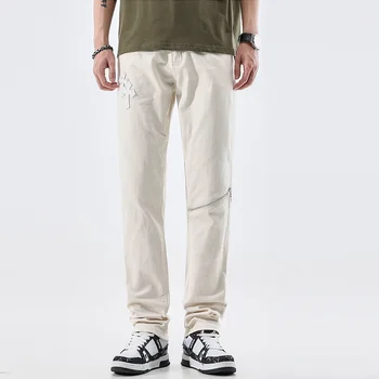 американский дизайн мужской Белый Новые джинсы Крест Заплатанные Mid Wasit Ретро Буквы Вышивка Мужские Брюки