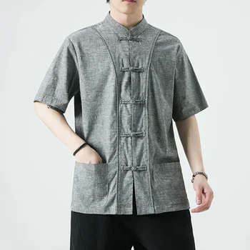 Летняя традиционная одежда Мужская рубашка Рубашка с коротким рукавом Китайский танг-костюм Свободные повседневные мужские рубашки кунг-фу кардиган Кимоно Топ