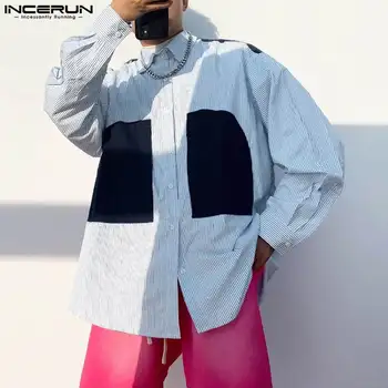 INCERUN Мужская рубашка Полосатый лоскутный лацкан с длинным рукавом Свободная повседневная мужская одежда Уличная одежда 2023 Корейский стиль Осенние рубашки S-5XL