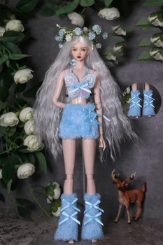Синий комплект плюшевой одежды + чехол для ног / топ-бабочка + юбка + лямки для ног / 30-сантиметровая кукольная одежда Для куклы Барби 1/6 Xinyi FR ST
