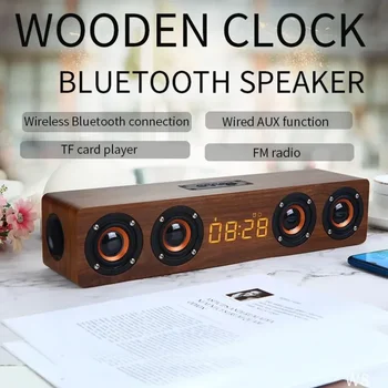 Деревянный саундбар Беспроводной Bluetooth Мощный ТВ-динамик Бумбокс с четырьмя громкоговорителями Часы Будильник Система домашнего кинотеатра Сабвуфер