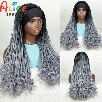 Плетеные парики с повязкой на голову Серый цвет Вязание крючком Накидка на волосы Jumbo Синтетические парики для волос с кудрявыми концами для чернокожих женщин