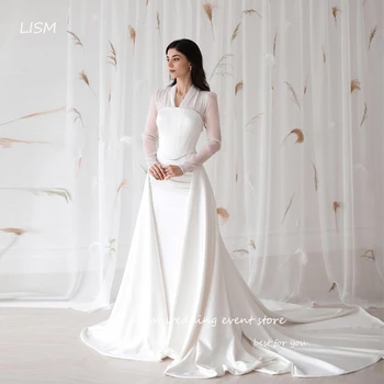 LISM Modest A Line Длинные рукава Дубай Свадебные платья Корсет с V-образным вырезом Классические свадебные платья Vestido de fiesta