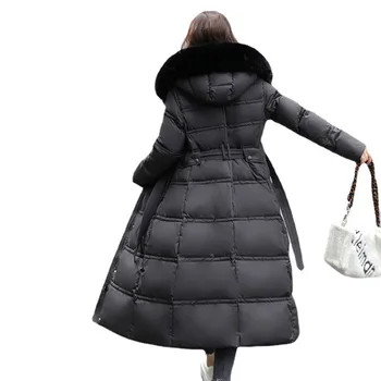 Зимняя куртка с тяжелыми волосами получает длинный темперамент культивировать мораль показать пояс пух хлопковое женское пальто