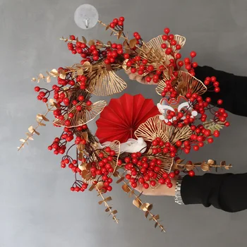 Calendar Китайские новогодние украшения 2024 Венок из красных ягод со светодиодной цветочной гирляндой для входной двери Весенний фестивальный декор