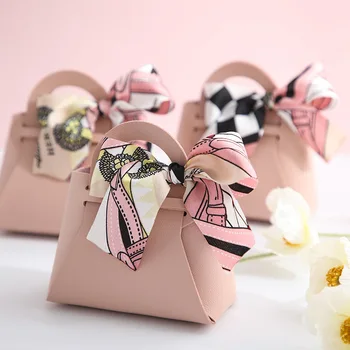 1 шт. Кожаная подарочная коробка Сумочка в форме ленты Бант с ручной конфетной сумкой Упаковочная коробка Свадебные сувениры Подарочная коробка Baby Shower Party Supply