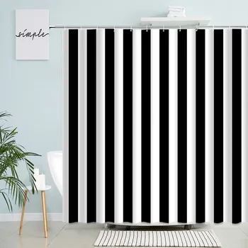  Черно-белая полосатая занавеска для душа Креативный дизайн Геометрические занавески для ванны Современный минималистичный набор тканей для декора ванной комнаты крючки