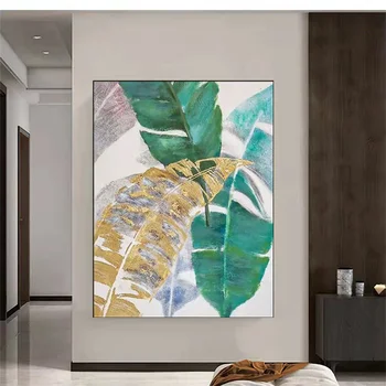 Чистые зеленые листья ручной росписи, абстрактный холст, картина маслом, гостиная, крыльцо, семья, офис, современная наклейка на стену