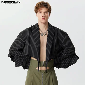 Американский стиль Новый мужской укороченный пиджак в полоску с оборками Мода Индивидуальность Костюм Пальто с длинными рукавами S-5XL INCERUN Топы 2023