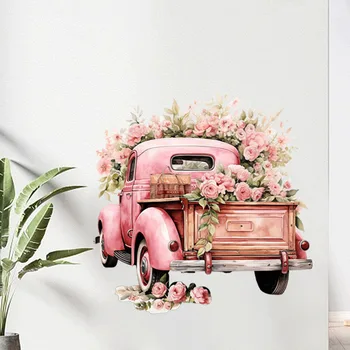 Мультяшный розовый автомобиль, живые цветы, гостиная, стена, коридор, вход, фоновое украшение, самоклеящиеся наклейки