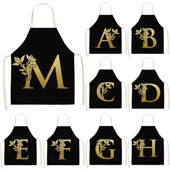Avental de cozinha feminino com letras do alfabeto, de linho de algodão sem mangas