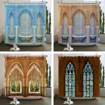 3d Занавеска для душа в марокканском стиле Европейский архитектурный пейзаж Печатный водонепроницаемый полиэстер Ванная комната Занавеска Декор с крючками