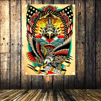 Ретро татуировка баннер хэви-метал рок музыка плакат хэллоуин флаг настенный гобелен наклейки холст живопись HD Печать Искусство