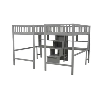 Двуспальная кровать-чердак с 2 встроенными столами и полками, лестница для хранения, серый