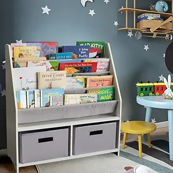 Детская книжная полка Sling Деревянная стойка, 4 уровня брезентовых строп для больших детских книг и 2 ящика для хранения