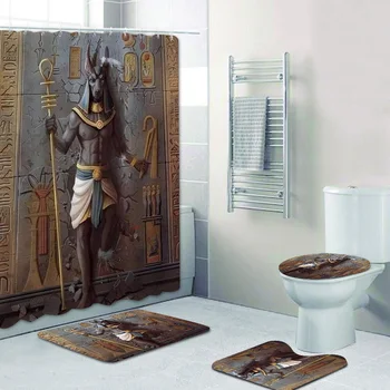 Египетский бог Анубис Набор занавесок для душа для ванной комнаты Египет Древнее искусство Занавеска для ванной комнаты Длинные коврики для ванны Коврики для туалета Домашний декор