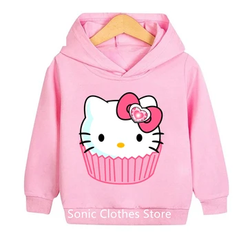 Kawaii Hello Kitty Толстовка с капюшоном Детская одежда Одежда для девочек Мода Одежда для мальчиков Осень Теплая толстовка Детские топы