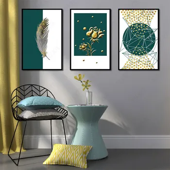 Золотые графические цветы Перья Линии с синим фоном Абстрактное настенное искусство для гостиной, спальни, украшения коридора
