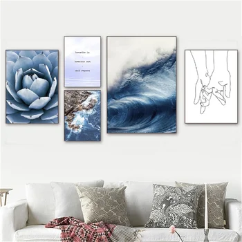 Синяя морская волна Живопись Суккулентные растения Плакаты Настенное искусство Холст Живопись Абстрактные линии рука об руку Плакаты для домашнего декора