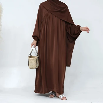 Рамадан Абая для женщин Мерцающий атлас с пышным рукавом Мусульманское длинное платье Дубай Турция Скромный кафтан Ид исламская одежда Молитвенный халат
