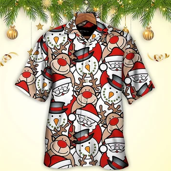 Забавные снеговики 3d рождественская рубашка мультяшный олень гавайские рубашки для мужчин повседневные свободные топы с коротким рукавом женские рубашки Санта-Клауса