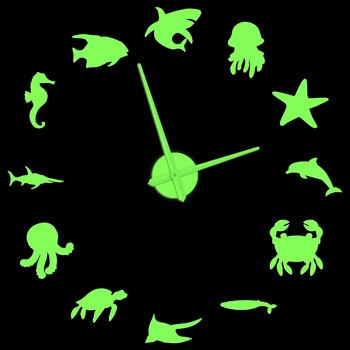 Морские животные Самоклеящиеся 3D DIY Настенные часы для аквариума Подводная детская комната Детская комната Декор стены Водные часы с морской жизнью Светящиеся в темноте