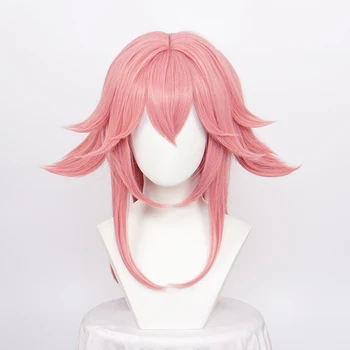 Genshin Impact Яэ Мико Косплей Парик Моделирование кожи головы Розовый Длинные Уложенные Синтетические Волосы + Бесплатный Парик Шапка