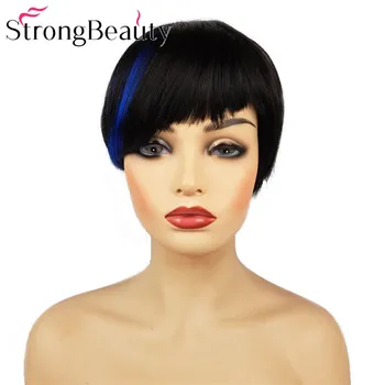 StrongBeauty Короткие прямые синтетические парики с косой челкой и женскими париками с мелированием