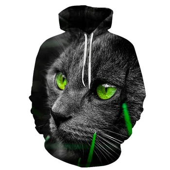 Животное Зеленые глаза Кошка 3D-печать Толстовки Спортивные костюмы Мужчины Женщины Пара Толстовки Топы Novetly Уличная одежда Семейные подарки Пуловеры