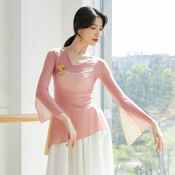 Марля Классическая одежда Боковой контрастный цвет Танцевальная рубашка Китайский народный танец Практика Современный танец Топ Блузка с V-образным вырезом Длинный рукав