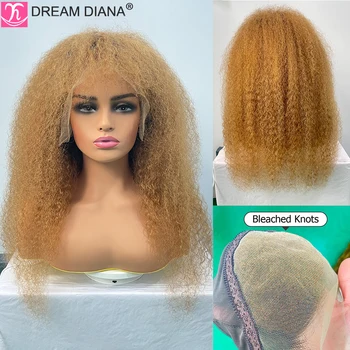 DreamDiana 100% перуанские волосы кудрявые прямые кружевные лобные парики с челкой 200 плотность омбре блондинка кудрявые прямые кружевные парики спереди