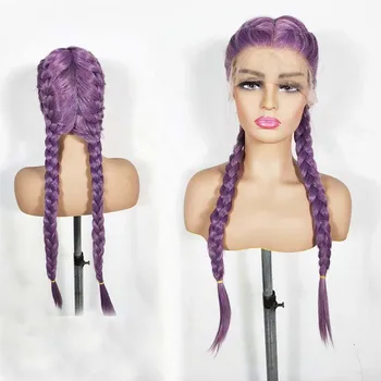 фиолетовый цвет синтетические волосы сенегальский твист кружевной парик для женщин швейцарский кружевной парик с косой подарок для вечеринки косплей парики