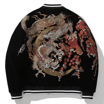 Зима Yokosuka Новая вышитая хлопковая куртка с подкладкой Двойной дракон Китайский ветровой жакет Бейсбольный воротник Мужской модный бренд Молодежь