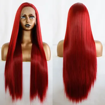  Bombshell Bright Fire Red Straight Synthetic 13X4 Lace Front Wigs Бесклеевые высококачественные термостойкие волосы из волокна для женщин Парики