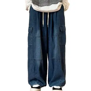 Брюки-карго оверсайз с несколькими карманами Эластичная талия Кулиска Однотонные мешковатые джинсовые брюки Широкие брюки