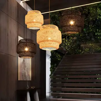 Подвесной светильник Потолочный ретро подвесной светильник для кафе Лофт Ручной плетеный бамбуковый тканый абажур в японском стиле для чайного домика B