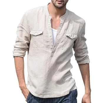 2023 Новая мужская облегающая однотонная хлопковая льняная рубашка с воротником Большой размер Модная повседневная рубашка с длинными рукавами