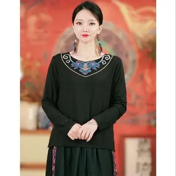 2024 Китайская традиционная рубашка улучшенные топы ханьфу Рубашки с национальной цветочной вышивкой Рубашка с о-образным вырезом Восточная этническая рубашка в стиле ретро