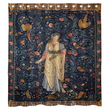 Эстетика Уильяма Морриса Средневековый художественный цветочный тотем с девушкой в центре и окружающей занавеской для душа для декора ванной комнаты