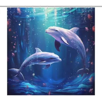 Dolphin Cortinas Удлиненная занавеска для душа Ткань Океанская сцена Ванная комната Декор Занавески для ванны Водонепроницаемый с крючками 12 шт.