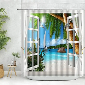 3D Окно Вид на море Занавеска для душа Море Пляж Кокосовая пальма Пейзаж Современная гостиная Спальня Ванная комната Кухня Декор Занавес