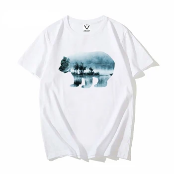 Мужчины Симпатичная футболка Туманный водный пейзаж Медведь Бирюзовый Синий Животный Принт Футболки Футболки С коротким рукавом Забавная футболка Харадзюку