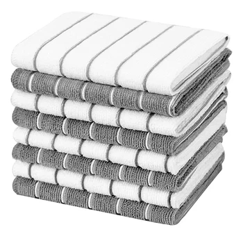  кухонные полотенца из микрофибры - супер впитывающие, мягкие кухонные полотенца, 8 упаковок в полоску серого и белого цветов многоразового