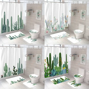 Северный стиль Простые растения Занавески для душа для ванных комнат Кактус Занавеска для ванны с ковриком для ванны Коврик Противоскользящий ковер Крышка для унитаза