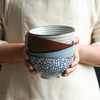 Набор из 4 шт. Керамические миски Японская миска для риса Миска для супа в синюю полоску Ресторан Бытовая посуда в стиле ретро 4,5 дюйма
